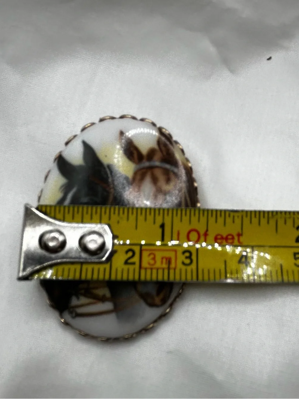 Vintage Equestrian Horse Portrait Brooch Pin Oval Porcelain Cabochon